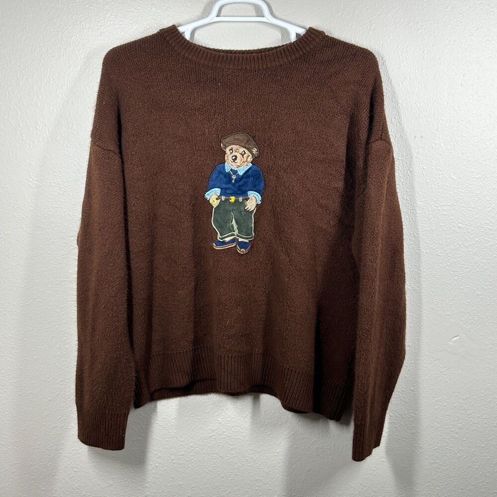 Manfinity Teddy Bear Embroidered Sweater Mens XL Brown Acrylic Knit
